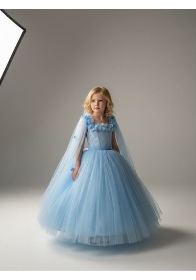 Zekids Kız Çocuk Kol Detaylı Prenses Model Abiye Elbise-17245 Mavi