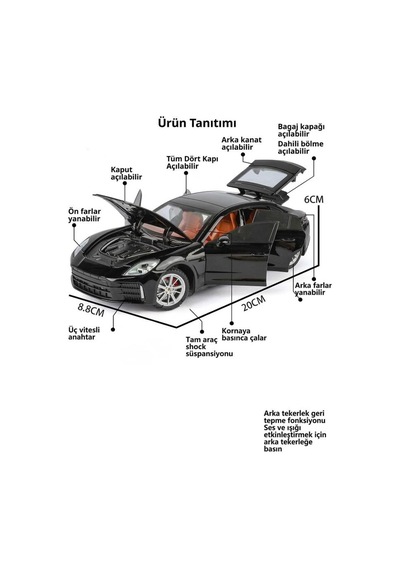 Işıklı Sesli Pilli 1:24 Metal Porsche Panamera Turbo Kapısı Kaputu Ve Bagajı Açılabilir Model Araba Siyah