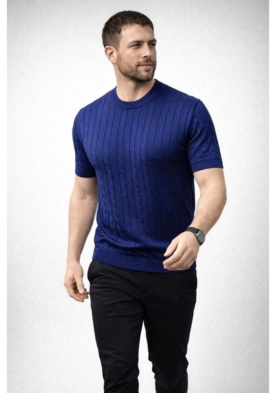 Erkek Yazlık Triko Dokuma Tişört Kısa Kol Bisiklet Yaka Örgü Desenli T-shirt - Lacivert