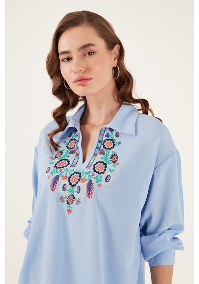 Lela Pamuklu Regular Fit Nakış Işlemeli Bayan Bluz 611Bz0181 Mavi