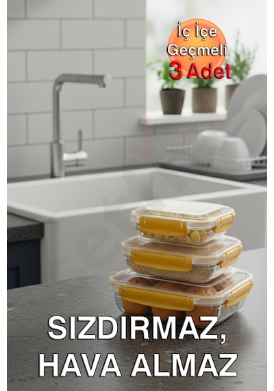 Lock&fresh Master Dikdörtgen Saklama Kabı 565,975,1675 Ml Üçlü Set Sarı
