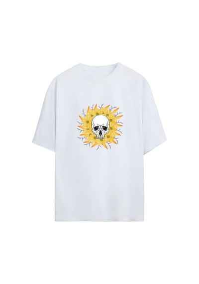 Noıssey Kurukafa Ve Çiçek Tasarımlı Unisex Oversize T-shirt Beyaz