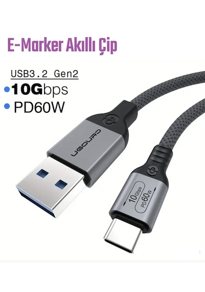 Ugourd 2-metre Pd 60w Usb To Type-c 3.2/gen2/10gbps E-marker Çip