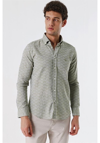 İmza Koyu Haki Kısalabilir Kollu Desenli Jakarlıcepsiz %100 Pamuk Casual Slim Fit Gömlek 1004230181-koyu Haki Koyu Haki