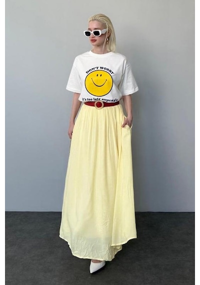 Madmext Açık Sarı Vual Kumaş Basic Kadın Uzun Boy Kadın Etek Mg2366 Açık Sarı