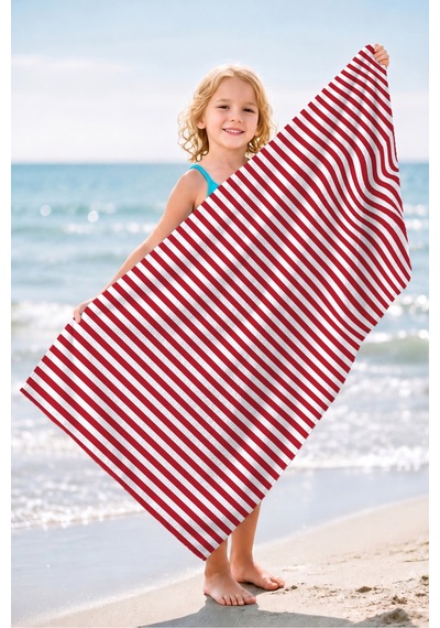 Çizgili Kırmızı Beyaz Marine Plaj Havlusu - Modern Nautical Stil Hızlı Kuruyan Mikrofiber Havlu Çok Renkli