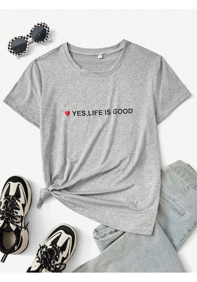 Flood Of Style Kadın Gri Life İs Good Baskılı Oversize