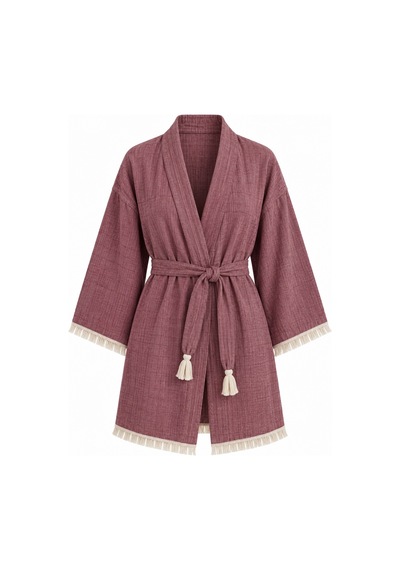 Kimono Müslin 2 Katlı Peştemal Bornoz Beden S-m - Bordo