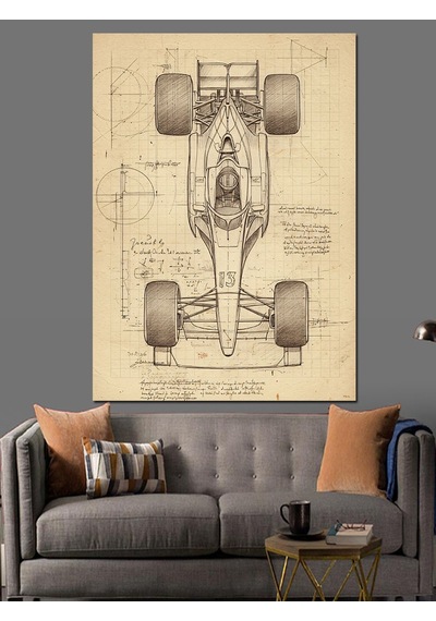Formula 1 Araç Eskizi Dekoratif Kanvas - Mdf Ahşap Tablo