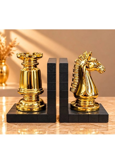 Polyester Gold Satranç Taşı Tasarımlı Dekoratif Kitap Tutucu Seti Alk6101 44 Cats