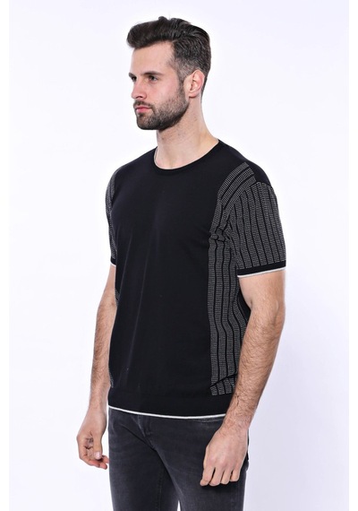 Yake Store Bisiklet Yaka Kenarları Desenli Siyah Örme T-shirt Wessi - Siyah
