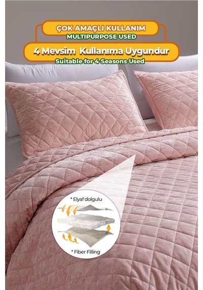 Evlen Home Kapitone Kadife Yatak Örtüsü Seti Çift Kişilik Supersoft 3 Parça Yumuşak Elyaf Dolgulu Pudra Pudra