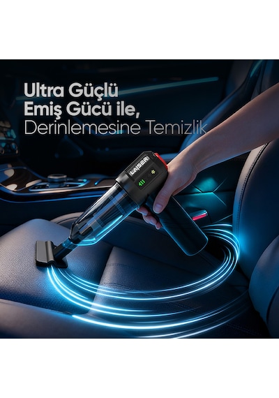 Laiser Mini, Katlanabilir Led Ekranlı 17.000 Pa 3ın1 Çekme-vakum-üfleme Özellikli Şarjlı Araç Süpürgesi Siyah