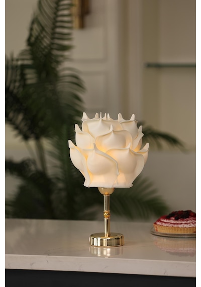 Krem Eva Gül Tasarım Kablosuz Şarjlı Masa Lambası - Alt Uzun Parlak Gold Altın