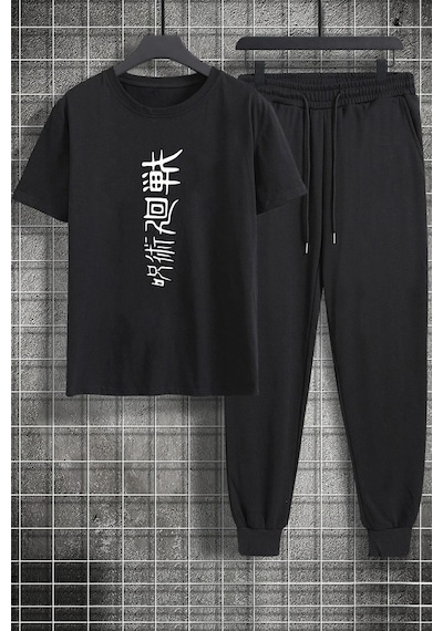 Uyguntarz Unisex Jujutsu Kaisen Baskılı 2'li Eşofman Takımı Siyah