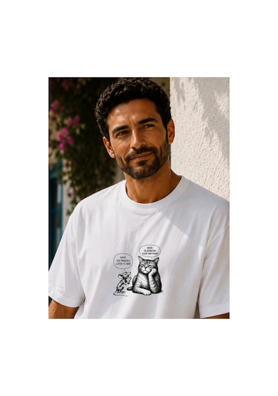 Qmen Style Unisex Beyaz Oversize Baskılı T-shirt Espirili Kedi Baskılı %100 Pamuk