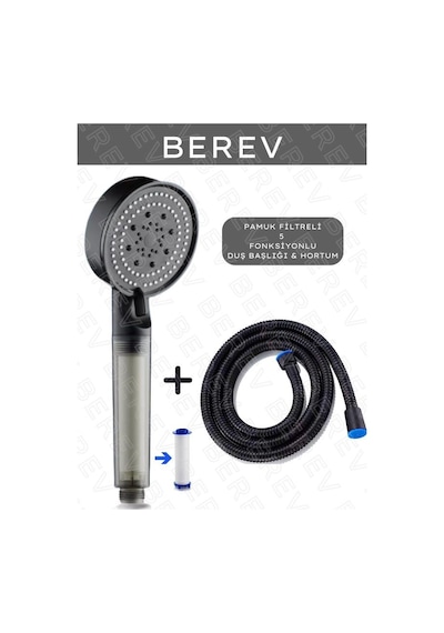 Berev  Filtreli 5 Fonksiyonlu Yüksek Basınçlı Ayarlanabilir Duş Başlığı 150 Cm Siyah Hortum Siyah