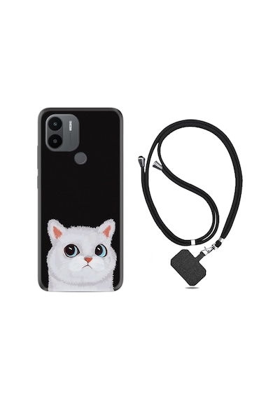 Xiaomi Redmi A1 Kılıf İpli Boyun Askılı Desenli Silikon White Cat 1835