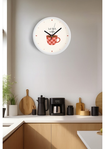 Modern Yazılı Tasarım - '' But First, Coffee '' Mutfak Duvar Saati - 42cm - Önü Camlı Beyaz Kasa Beyaz