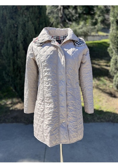 Kadın Ekose Mont Açık Bej 95cm Çok Renkli