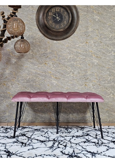 Zafir Metal Siyah Tel Ayaklı 100 Cm Puf Bench - Puf - Bench - Oturak - Mutfak Oturağı - Antre Oturağı Pembe