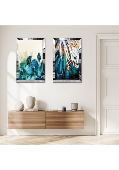 Gümüş Aynalı Pleksi Çerçeveli Su Yeşili Bitkiler Modern İkili Mdf Tablo Seti