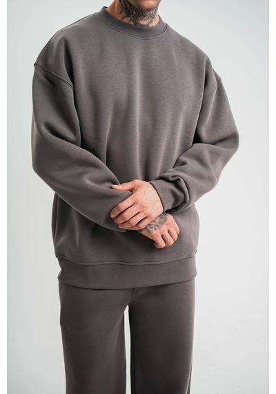 Uzun Kol Bisiklet Yaka Basic Sweatshirt - Füme Füme