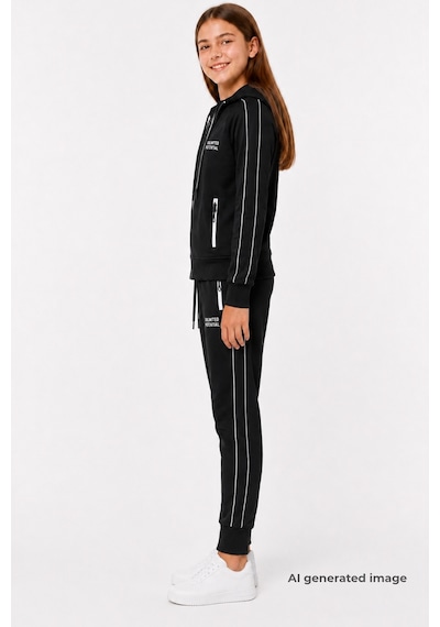 Pina Kids Kız Çocuk Scuba Unlimited Çift Şeritli Kapüşonlu Reglan Kol Dalgıç Kumaş Eşofman Takımı Esf7023 siyah
