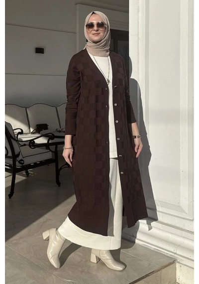Rabia Şamlı Dama Desenli Triko Hırka Acı Kahve Normal