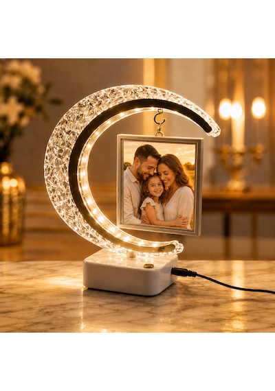 Kişiye Özel Fotoğraflı Kristal Hilal Led Masa Lambası Altın