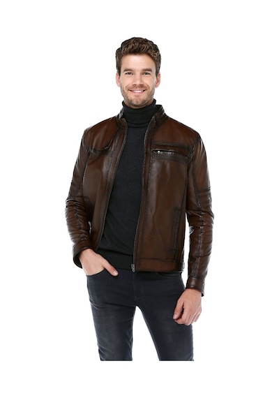 Dericlub Arthur Erkek Dik Yaka Slim Fit Gerçek Deri Mont Camel Antik