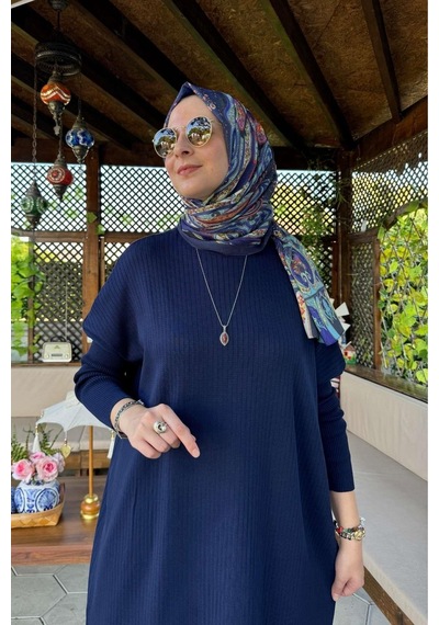 Rabia Şamlı Dora Triko Tunik Lacivert Çok Renkli