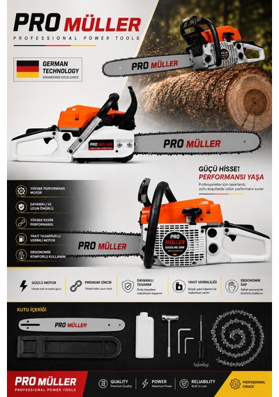 Pro Müller Profesyonel V-power 52 Cc Hava Soğutmalı Benzinli Ağaç Odun Dal Motorlu Hızar Bıçkı Testeresi Orman Motoru