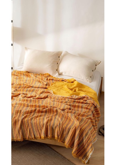 Boho Çizgili Yatak Örtüsü 4 Katlı Müslin%100 Pamuk Yumuşak Lüks Yazlık Pike Çift Kişilik Battal Boy 240x260 Cm Bej