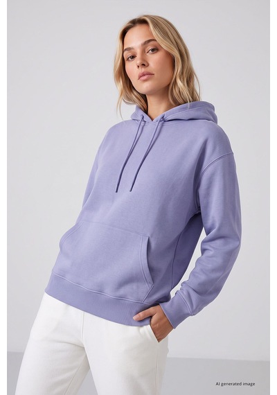 TOMMYLIFE Eflatun Standart Kapüşonlu Kanguru Cepli Basic Kadın Sweatshirt - 97321