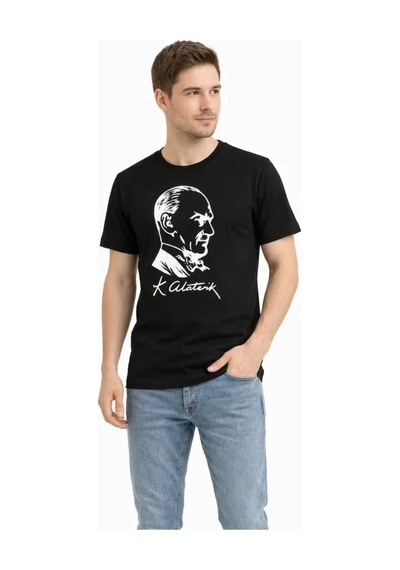 Hazego Erkek Atatürk Baskılı Tişört Kısa Kollu Bisiklet Yaka T-shirt - Siyah
