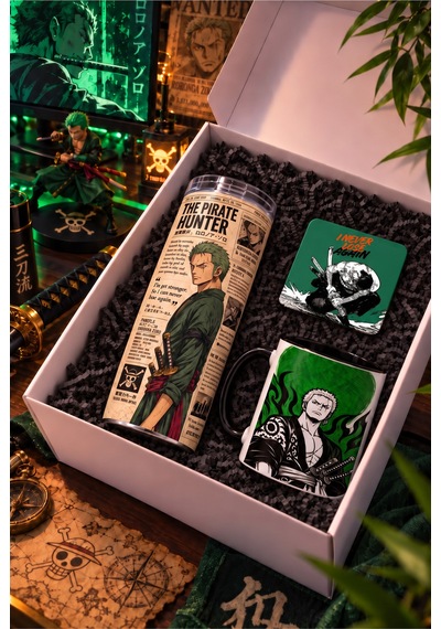 Anime Severlere Özel One Piece Zoro Desenli Hediye Seti Termos, Kupa, Bardak Altlığı 3'lü Hediye Paketi