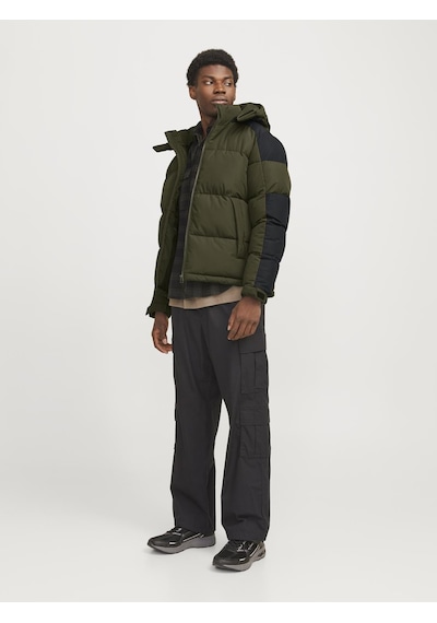 Jack & Jones Erkek Rüzgara Dayanıklı Kapüşonlu Puffer Mont - Aero Forest Night