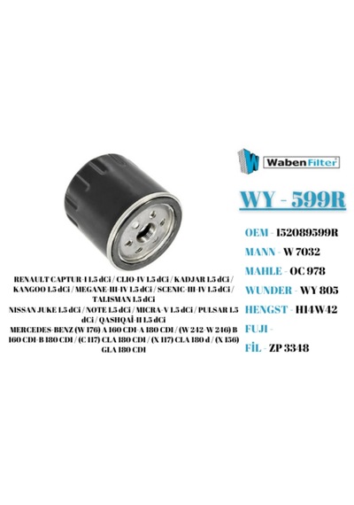 Renault Megane 4 Clio 4 Kadjar Fluence 1.5 Dci Büyük Boy Motor Yağ Filtresi Waben Wy-599r 152089599r