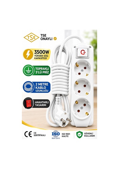 3 Lü Priz 2 Metre Uzatma Kablosu Anahtarlı Topraklı 3500w Işıklı Aç-kapat Düğmeli Grup Priz Ce Tse Iso 9001 Belgeli Almera Tüm Elektronik Cihazlarla Uyumlu Diğer