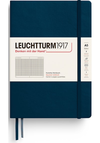 Leuchtturm1917 Not Defteri Orta Boy A5 , Sert Kapak, 251 Numaralandırılmış Sayfa, Kareli, Derin Deniz Lacivert