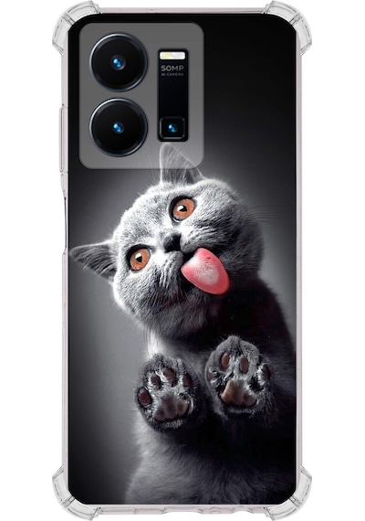 Vivo Y22s Uyumlu Kedi 2 Baskılı Şeffaf Köşe Korumalı Antişok Kılıf