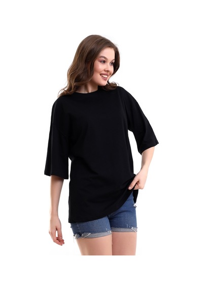 Winmoda34 Unisex Bisiklet Yaka Oversize Boyfriend T-shirt Siyah