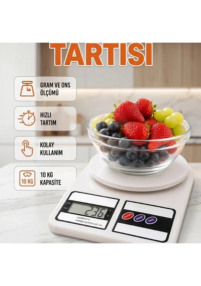 Beyaz Dijital Mutfak Terazisi 10 Kg Hassas Ölçüm Lcd Ekranlı Renkli