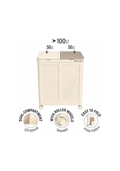 Mega - 100 Litre Oyuncak Kutusu - Tekerlekli - Çift Bölmeli 2x50 Bej