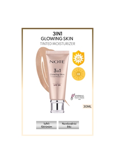 Note Cosmetique 3 in 1 Glowing Skin Tinted Moisturizer 50 SPF Işıltılı Aydınlatıcı Krem