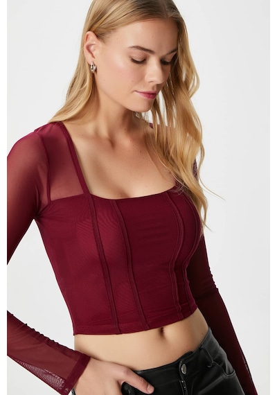 Ritnice Kadın Alina Korse Görünümlü Bordo Tül Crop Bluz Bordo