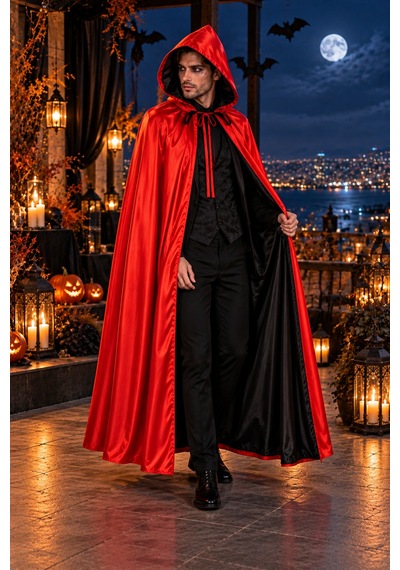 Halloween Çift Taraflı Siyah Kırmızı Kapüşonlu Cadı Pelerini 160 Cm Cadılar Bayramı İçin Kostüm