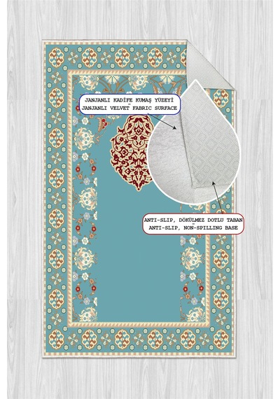 Klasik Desen Baskılı Kaymaz Taban Yıkanabilir Seccade Mavi