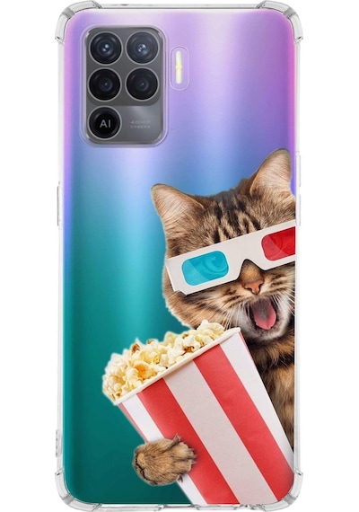 Oppo A94 Uyumlu Kedi 1 Baskılı Şeffaf Köşe Korumalı Antişok Kılıf
